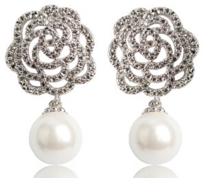 fashion designer rhinestone camellia flower statement dangle imitation pearl earrings for women