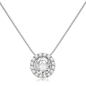 everyday elegance 14k solid white gold pendant necklace | round halo cubic zirconia solitaire | 1.25 ctw | 16 inch .60mm box link chain | with gift box