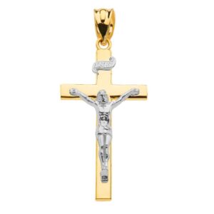 14k two tone gold linear cross 1.15" inri crucifix charm pendant religious jewelry