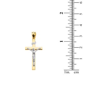 14K Two Tone Gold Linear Cross 1.15" INRI Crucifix Charm Pendant Religious Jewelry