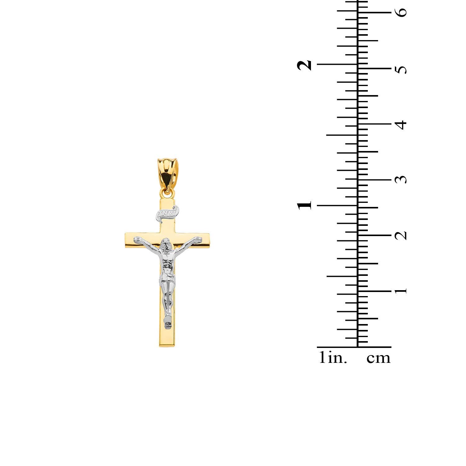 14K Two Tone Gold Linear Cross 1.15" INRI Crucifix Charm Pendant Religious Jewelry