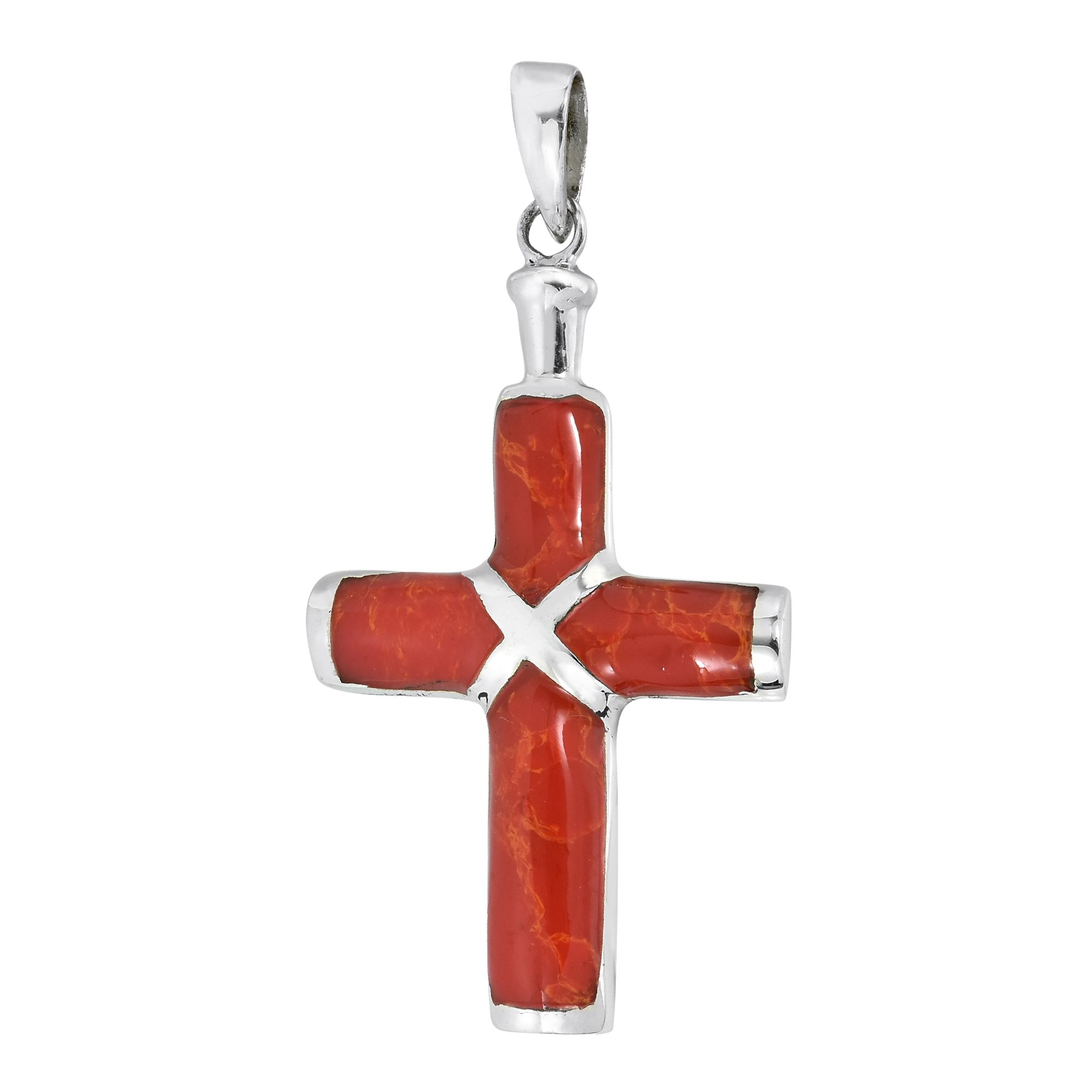 AeraVida Christian Cross Reconstructed Red Coral Inlay .925 Sterling Silver Pendant