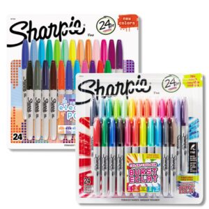 sharpie color burst permanent markers, fine point, assorted colors, 24-count, with a pack of 24 sharpie electro pop permanent markers, fine point