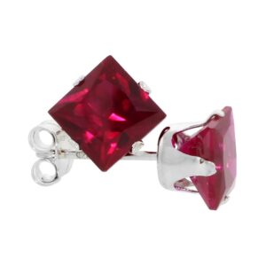 3 Pair Set Sterling Silver Cubic Zirconia Square Ruby Earrings Studs 6 mm Princess cut Red Color 2.5 carats/pair