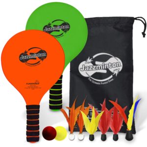 paddle ball game jazzminton deluxe with led birdie - indoor/outdoor game for kids, teens and adults