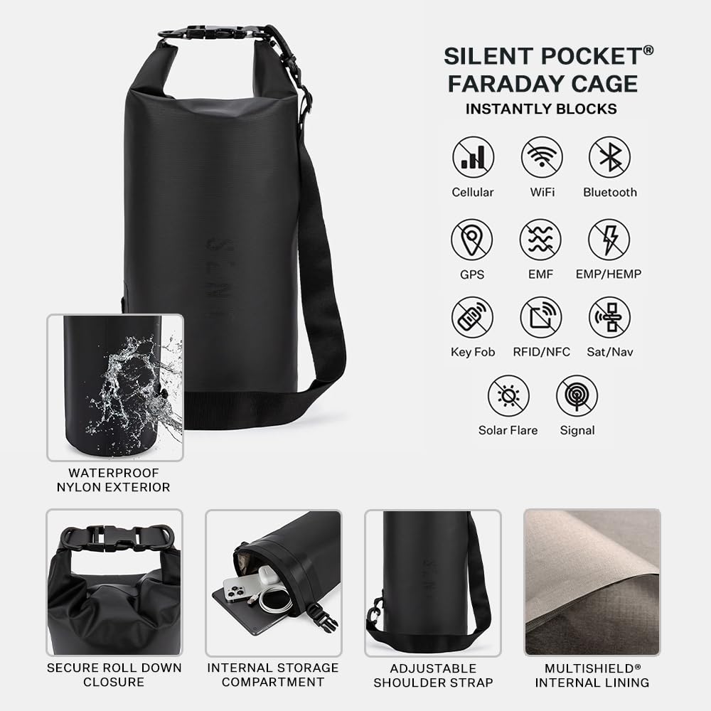 Silent Pocket SLNT Waterproof Faraday Dry Bag Military-Grade Nylon 10 Liter Faraday Bag - RFID Signal Blocking Dry Bag/Waterproof Backpack Protects Electronics from Water, Spying, Hacking