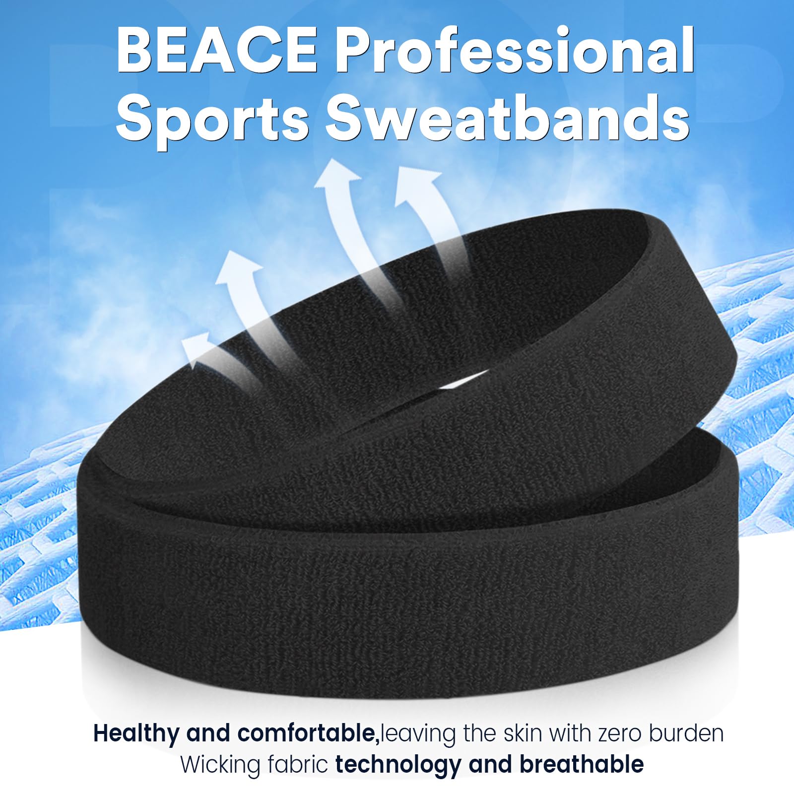 BEACE Sweatbands Sports Headband for Men & Women - Moisture Wicking Athletic Cotton Terry Cloth Sweatband for Tennis, Basketball, Running, Gym, Working Out