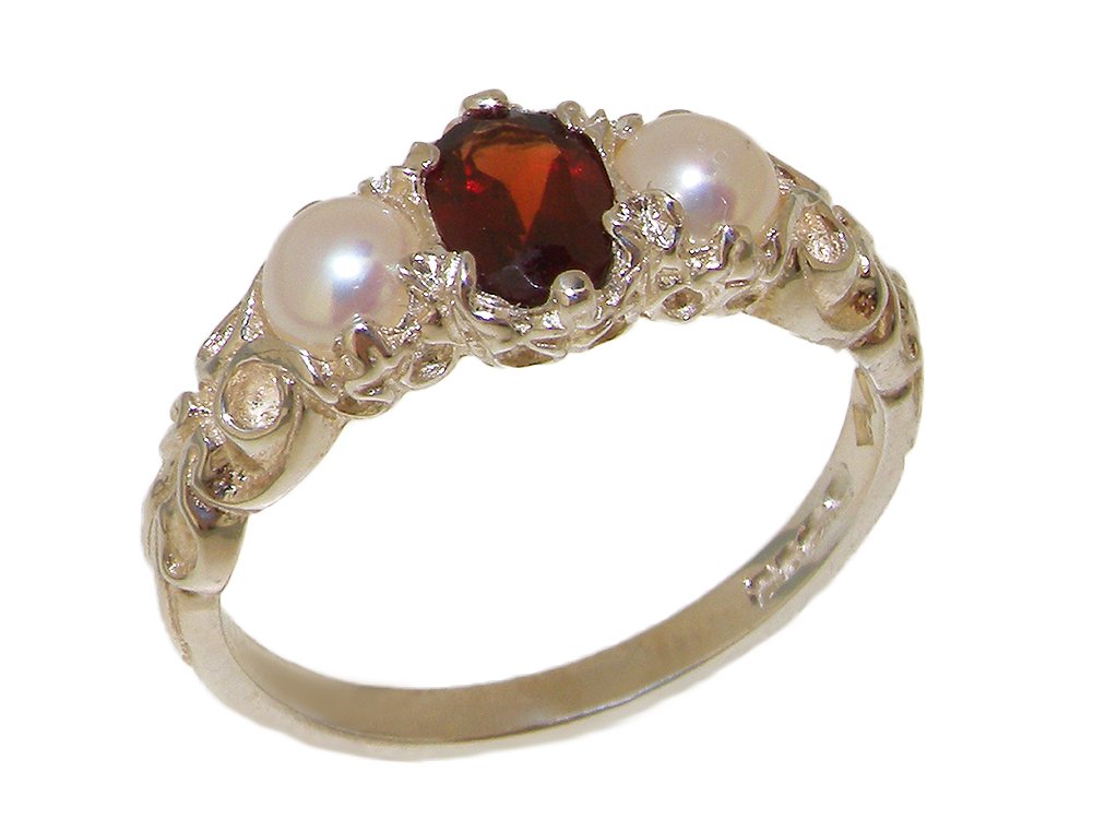 LetsBuyGold 925 Sterling Silver Real Genuine Garnet & Cultured Pearl Womens Band Ring - Size 12