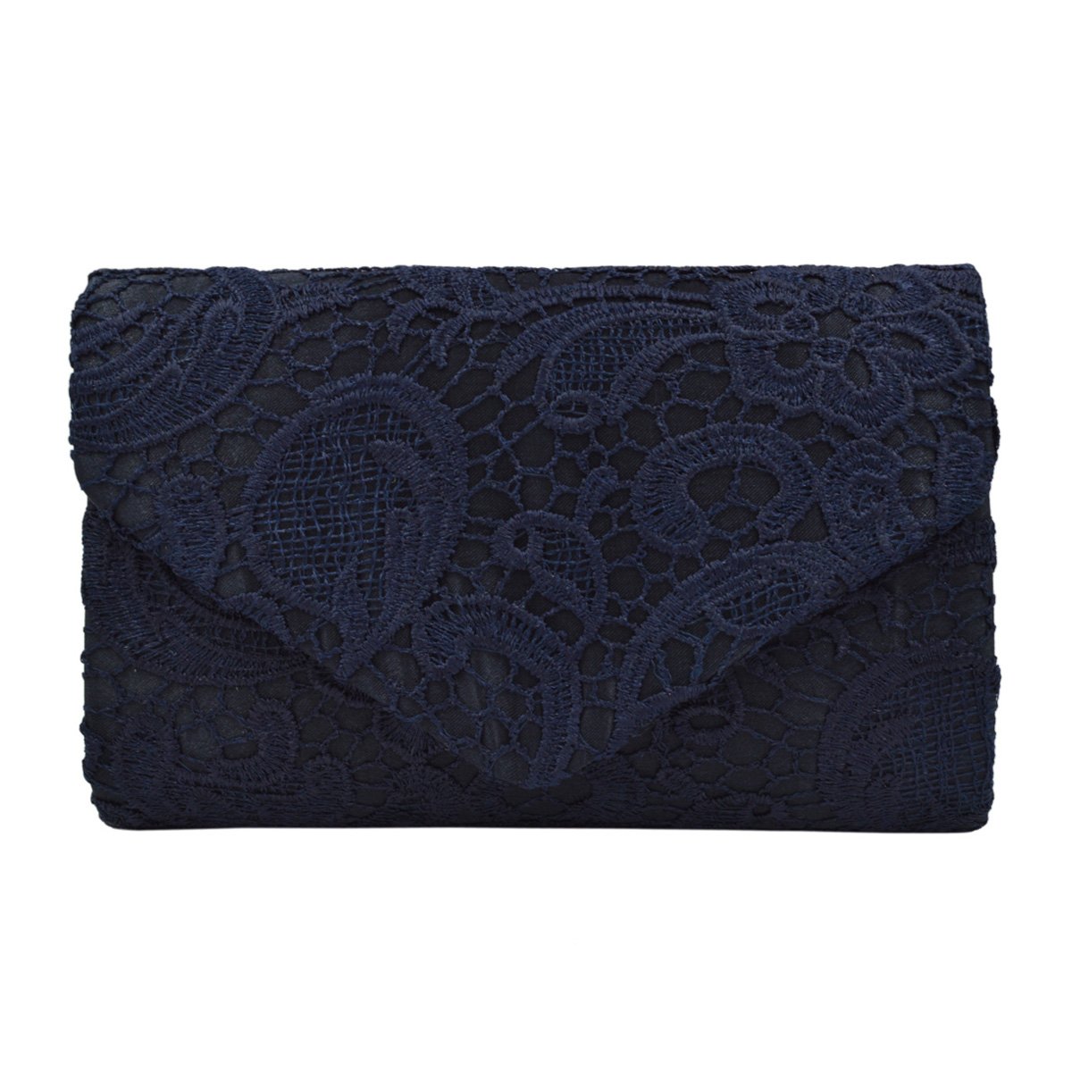 Lace Paisley Floral Fabric Satin Envelope Flap Clutch Evening Bag, Navy One Size