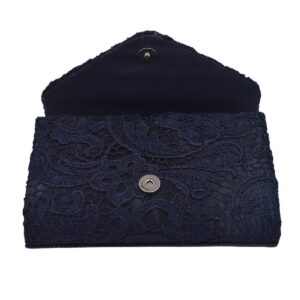 Lace Paisley Floral Fabric Satin Envelope Flap Clutch Evening Bag, Navy One Size