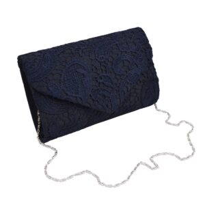 Lace Paisley Floral Fabric Satin Envelope Flap Clutch Evening Bag, Navy One Size