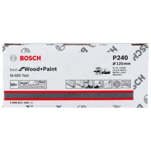 Bosch Professional 50 Pcs M480 Best for Wood and Paint Sanding Sheet 125mm Diameter K240 Grit Size for Orbital Sander Accessory