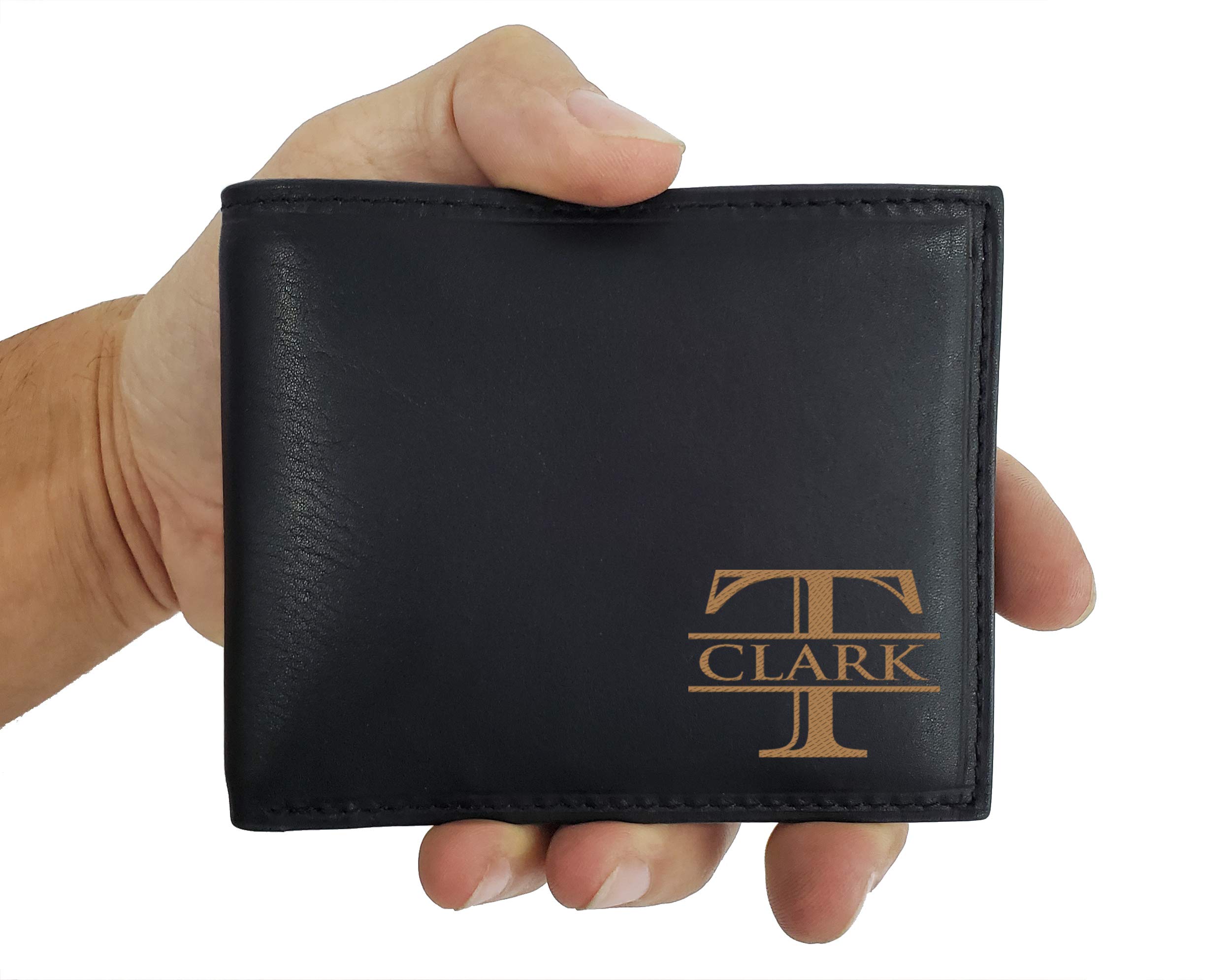 Corner Monogram Initial Engraved Personalized One Black Wallet Personalized Men's Bifold Leather RFID Blocking Wallet for Groomsman Best Man Wedding Party Gift