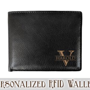 Corner Monogram Initial Engraved Personalized One Black Wallet Personalized Men's Bifold Leather RFID Blocking Wallet for Groomsman Best Man Wedding Party Gift