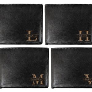 Corner Monogram Initial Engraved Personalized One Black Wallet Personalized Men's Bifold Leather RFID Blocking Wallet for Groomsman Best Man Wedding Party Gift