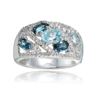 ice gems sterling silver genuine london blue, blue and white topaz tonal ring