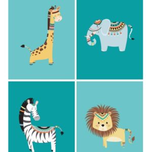 Tribal Safari Nursery Prints - Boho Nursery Art Print Set of 4 - Lion, Elephant, Zebra & Giraffe - Multiple Sizes