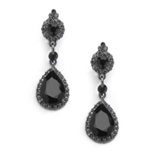 mariell black crystal teardrop dangle clip-on earrings, jewlery for brides, bridesmaids, prom and wedding