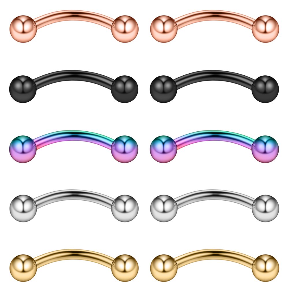 Ruifan 10PCS Assorted Colors Eyebrow Piercing Jewelry Curved Barbell with Balls Kit Eyebrow Tragus Lip Ring 16g 16 gauge 8mm