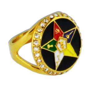 Order of the Eastern Star Ring - Gold Color Black Orb Steel Band with OES Symbol. Masonic Rings / OES Jewelry (Size 8)