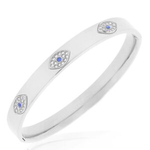 My Daily Styles Stainless Steel White Blue CZ Hamsa Good Luck Bangle Bracelet, 7.5" (White/Evil Eye)