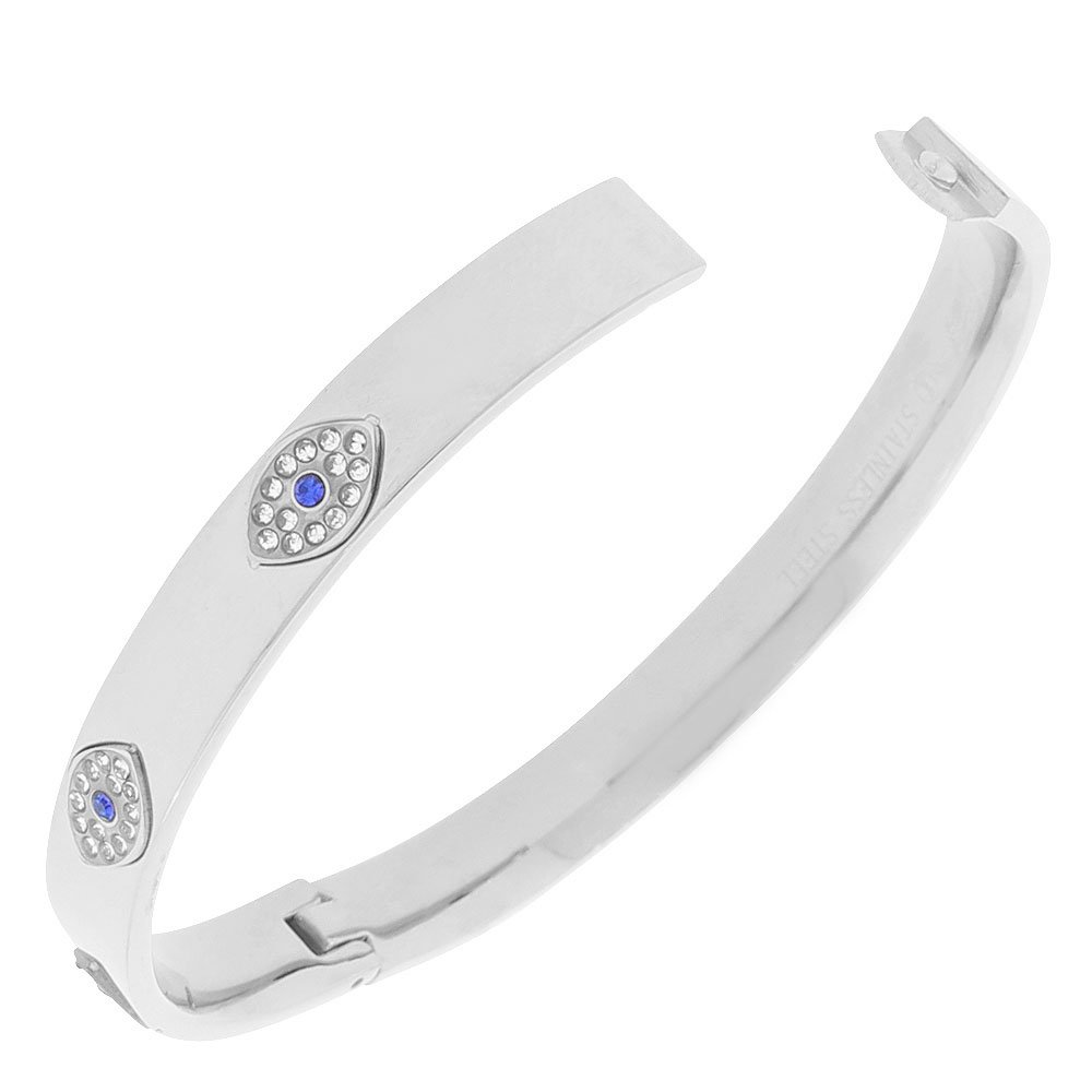 My Daily Styles Stainless Steel White Blue CZ Hamsa Good Luck Bangle Bracelet, 7.5" (White/Evil Eye)