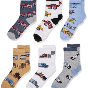 Jefferies Socks Little Boys Trains Trucks Cars Pattern Crew Socks 6 Pack, Multi, Small