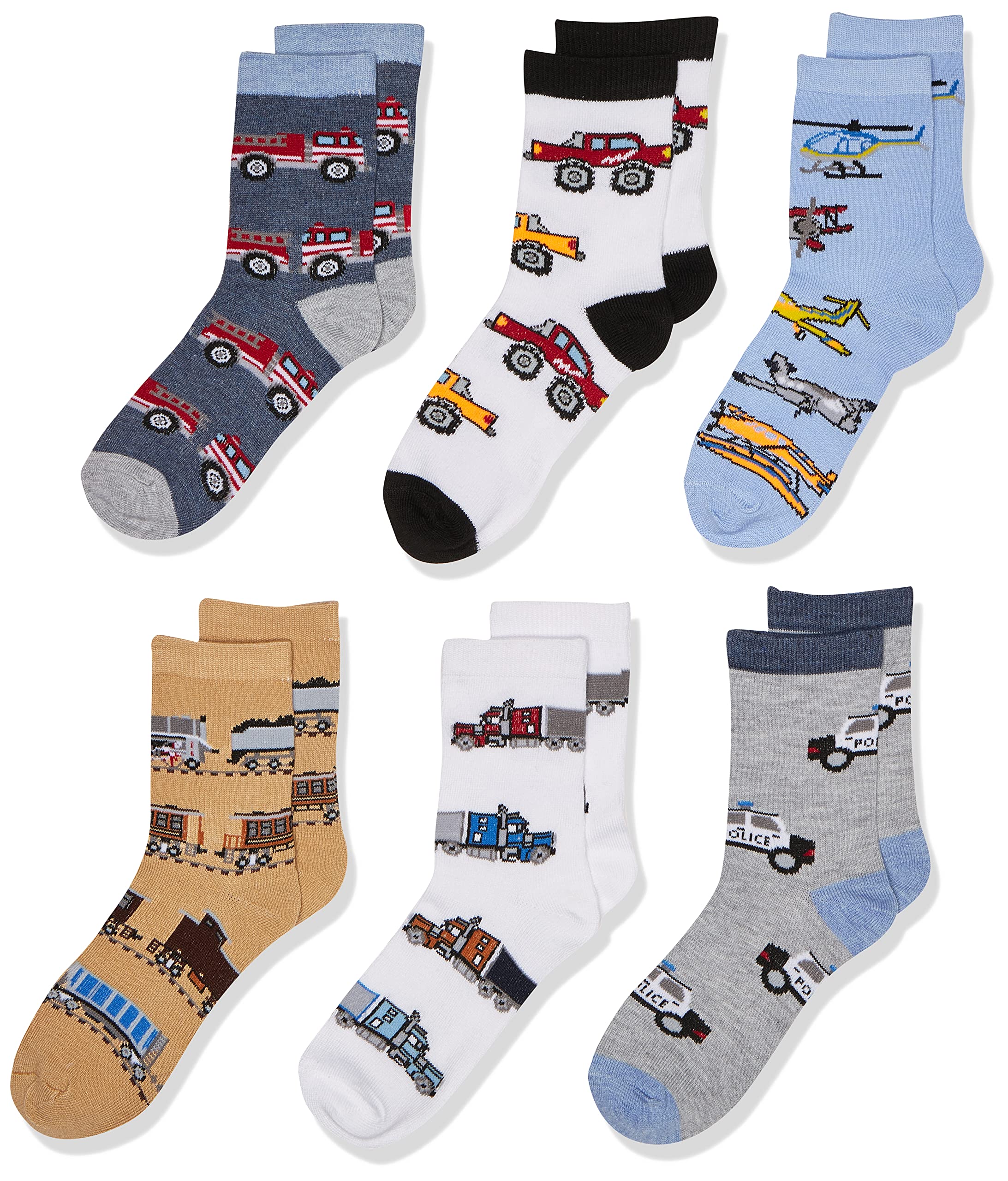 Jefferies Socks Little Boys Trains Trucks Cars Pattern Crew Socks 6 Pack, Multi, Small