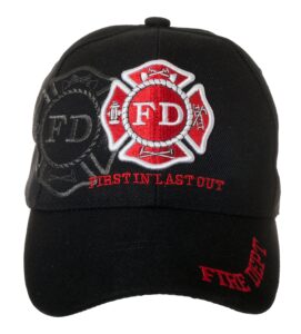 fire department first in last out cap - firefighter gift - embroidered hat (black)