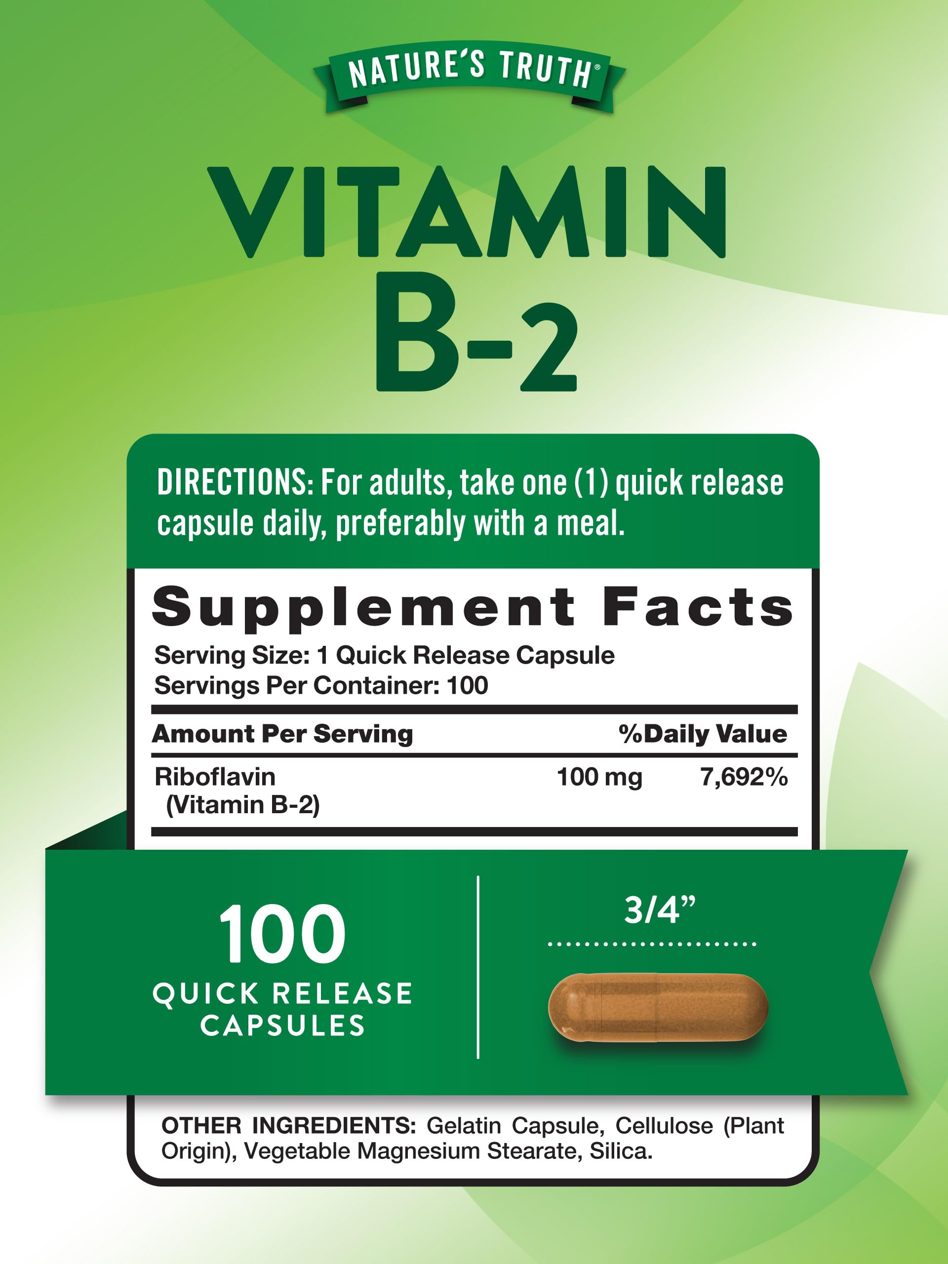 Nature's Truth B2 Vitamin | 100mg | 100 Capsules | Non-GMO & Gluten Free Supplement | Riboflavin