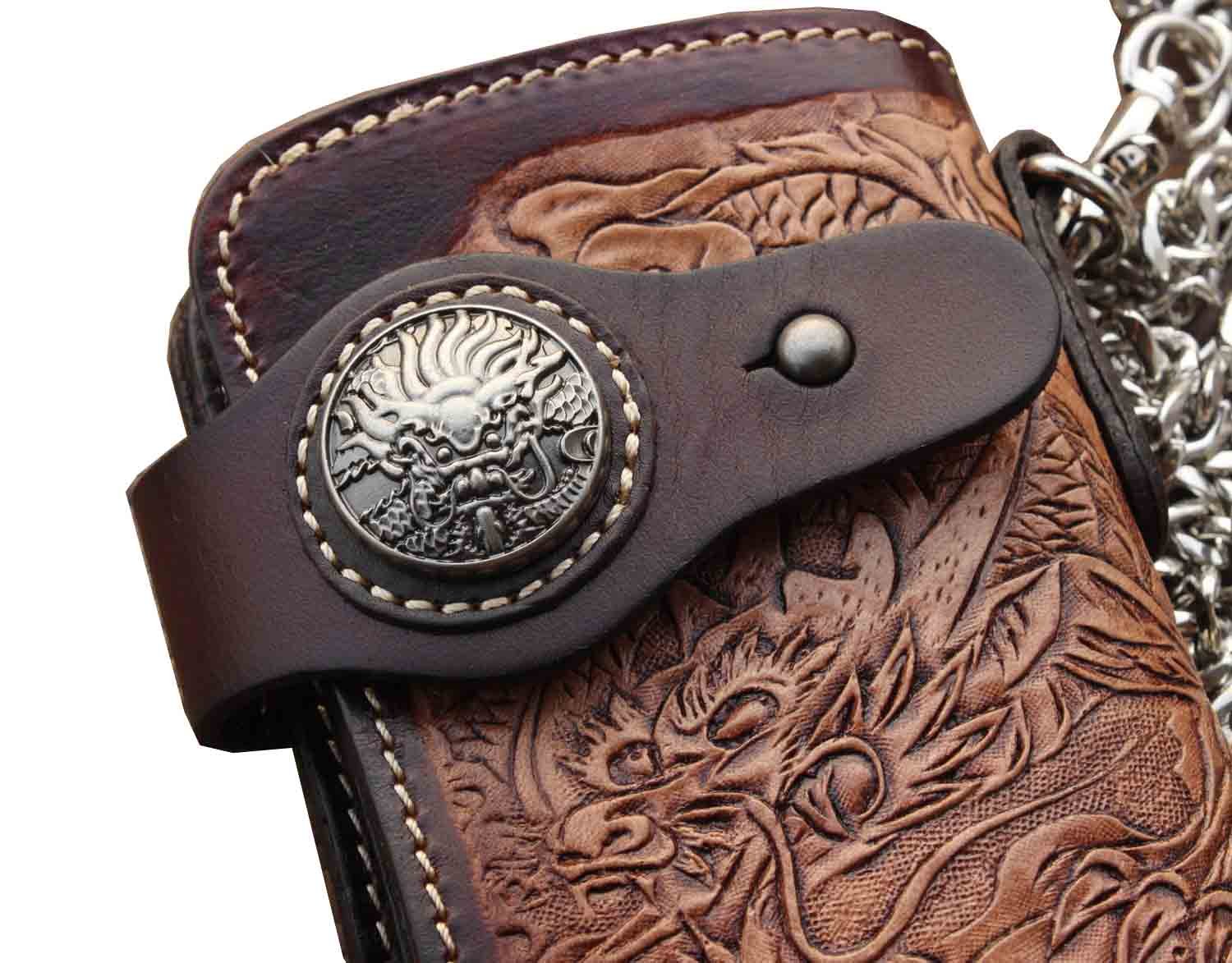 crazy hunter Dragon Skull Motorcylce Biker Cow Leather Card Holder Handmade Wallet With Chain L66