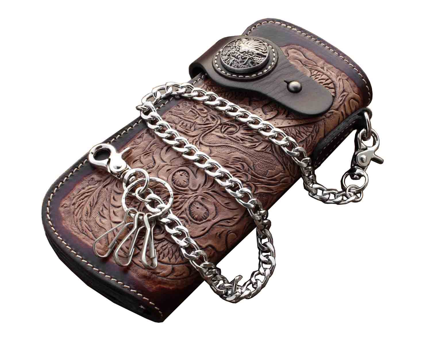 crazy hunter Dragon Skull Motorcylce Biker Cow Leather Card Holder Handmade Wallet With Chain L66