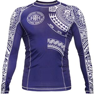 hardcore training ta moko men's rash guard compression long sleeve mma no-gi tight bjj grappling base layer fitness blue white