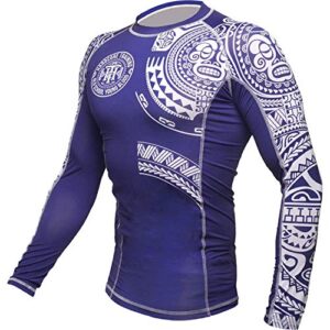 Hardcore Training Ta Moko Men's Rash Guard Compression Long Sleeve MMA No-Gi Tight BJJ Grappling Base Layer Fitness Blue White