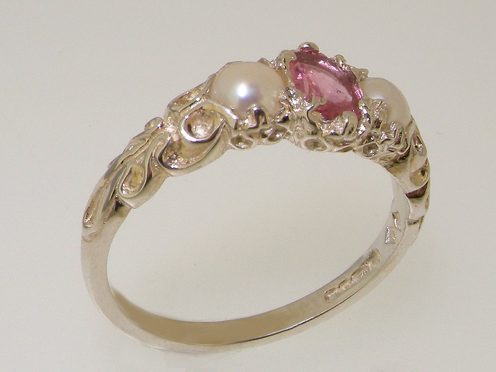 LetsBuyGold 925 Sterling Silver Real Genuine Pink Tourmaline & Cultured Pearl Womens Band Ring - Size 7