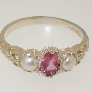 LetsBuyGold 925 Sterling Silver Real Genuine Pink Tourmaline & Cultured Pearl Womens Band Ring - Size 7