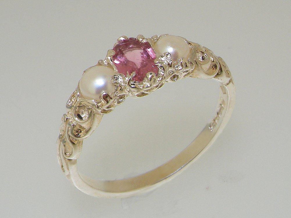 LetsBuyGold 925 Sterling Silver Real Genuine Pink Tourmaline & Cultured Pearl Womens Band Ring - Size 7