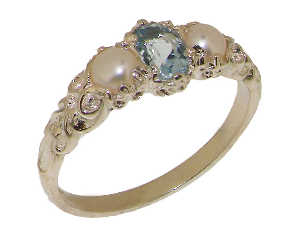 LetsBuyGold 925 Sterling Silver Real Genuine Aquamarine & Cultured Pearl Womens Trilogy Ring - Size 11