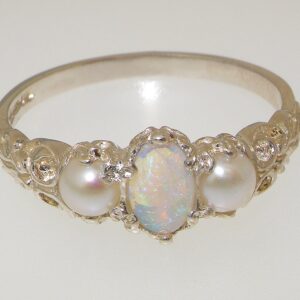 LetsBuyGold 10k White Gold Natural Opal & Cultured Pearl Womens Promise Ring - Size 6.5