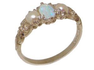 letsbuygold 925 sterling silver natural opal & cultured pearl womens trilogy ring - size 6.75