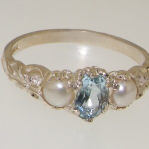 LetsBuyGold 925 Sterling Silver Natural Aquamarine & Cultured Pearl Womens Anniversary Ring - Size 10.5