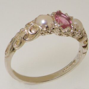 LetsBuyGold 925 Sterling Silver Natural Pink Tourmaline & Cultured Pearl Womens Anniversary Ring - Size 8.25