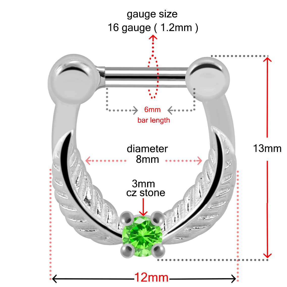 PiercingPoint Light Green Crystal Stone Leaf with Round CZ Stone 16 Gauge Clicker Septum Nose Ring Septum Jewelry