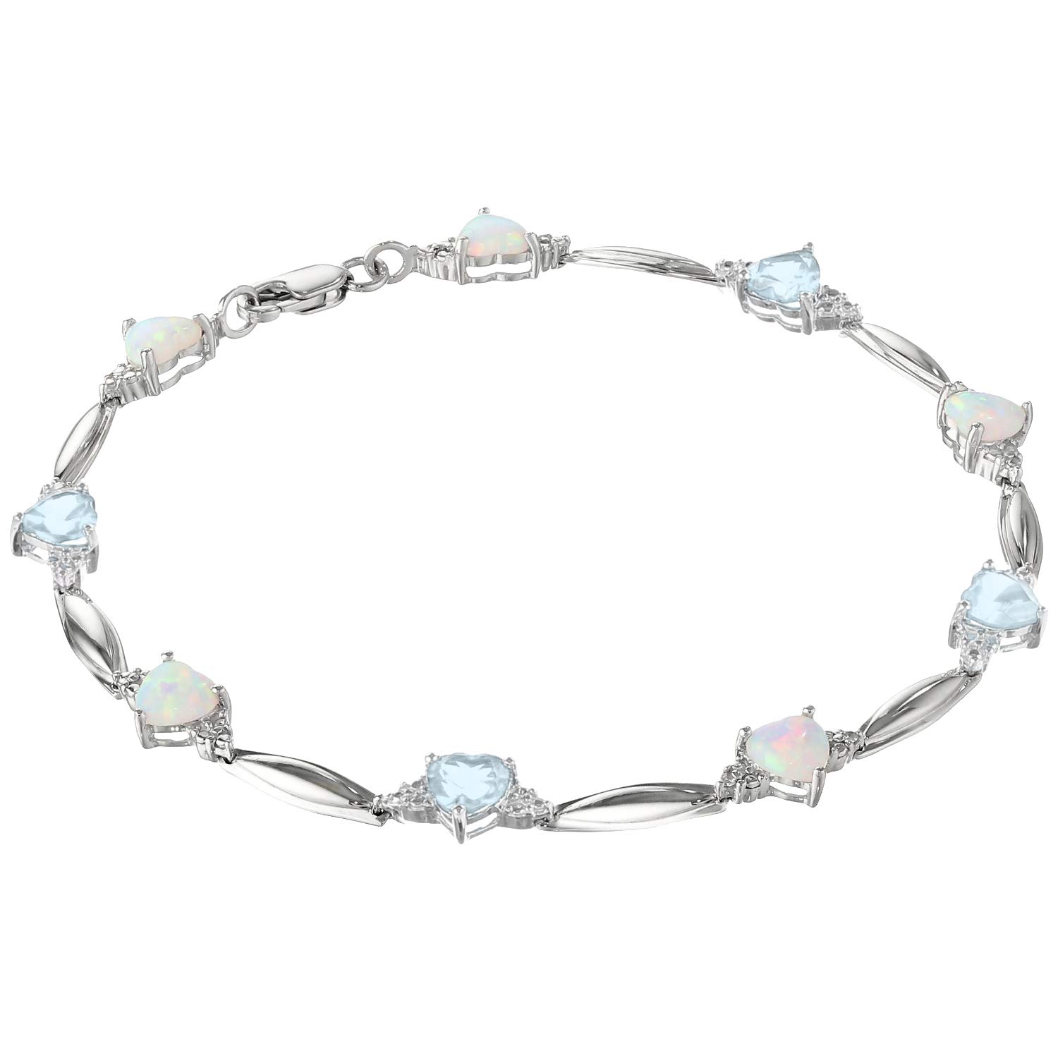 Heart-Shaped Created Opal and Aquamarine Bracelet with .01 cttw. Diamonds - Sterling Silver - 7.5”