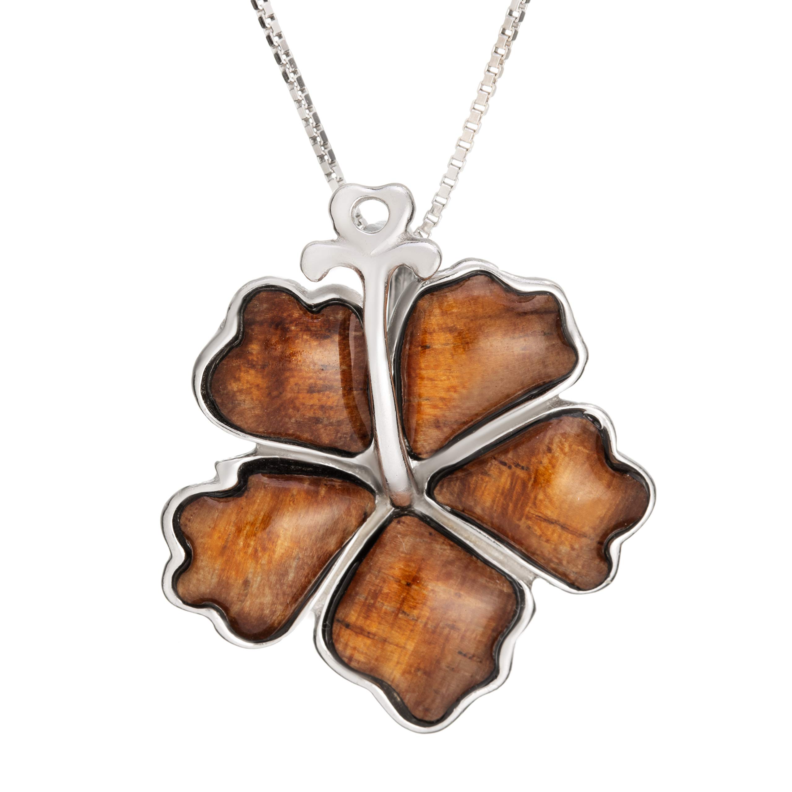 925 Sterling Silver Natural Koa Wood Inlay Hibiscus Flower Necklace Pendant, Hawaiian Tropical Design Jewelry, Hypoallergenic for Sensitive Skin, with 18" Box Chain (25mm)