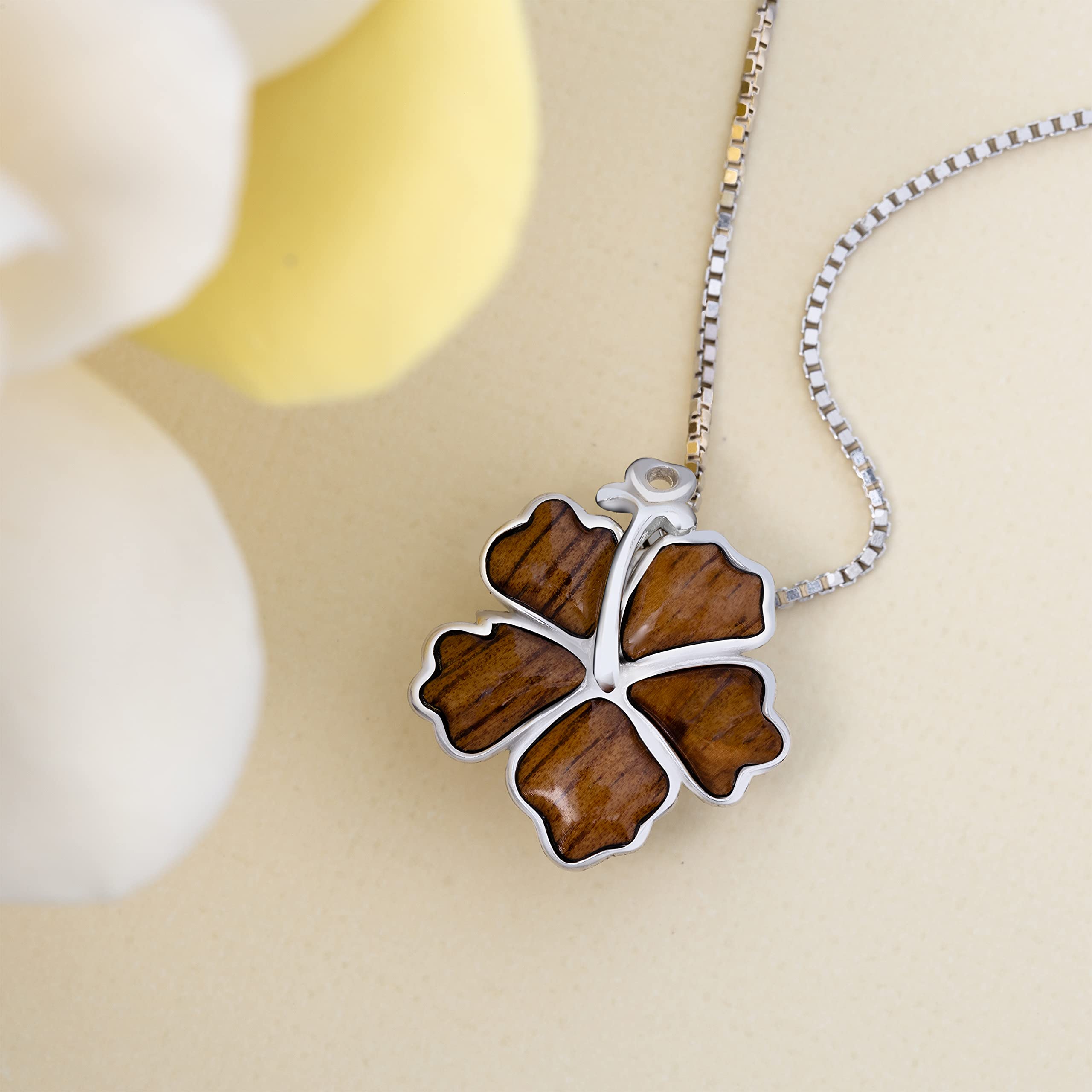 925 Sterling Silver Natural Koa Wood Inlay Hibiscus Flower Necklace Pendant, Hawaiian Tropical Design Jewelry, Hypoallergenic for Sensitive Skin, with 18" Box Chain (25mm)