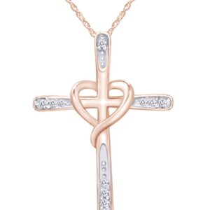 Jewel Zone US White Natural Diamond Cross Heart Pendant in 10K Rose Gold (1/20 cttw)