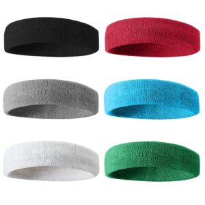 BEACE Sweatbands Sports Headband for Men & Women - 6PCS Moisture Wicking Athletic Cotton Terry Cloth Sweatband for Tennis, Basketball, Running, Gym, Working Out