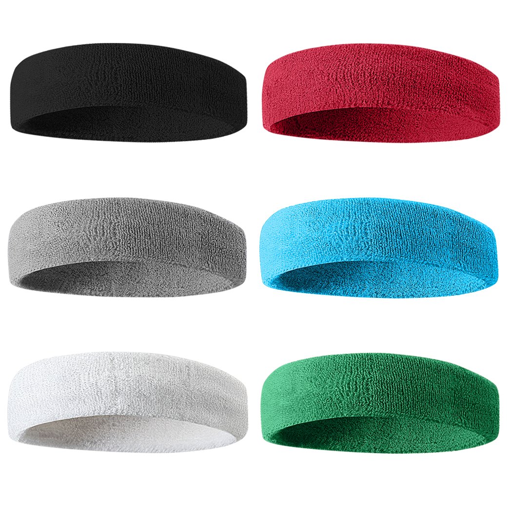 BEACE Sweatbands Sports Headband for Men & Women - 6PCS Moisture Wicking Athletic Cotton Terry Cloth Sweatband for Tennis, Basketball, Running, Gym, Working Out