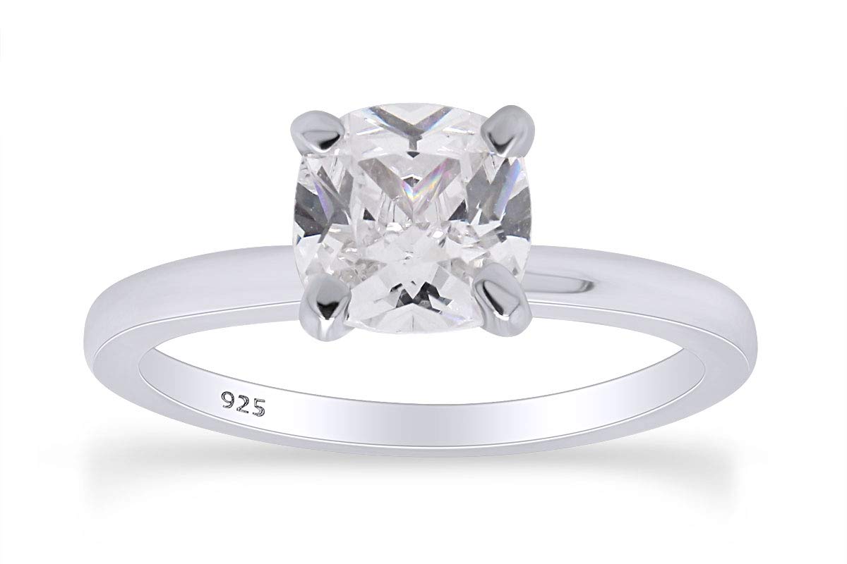 Jewel Zone US Cushion Cut White Cubic Zirconia Anniversary Solitaire Ring in 14k White Gold Over Sterling Silver (0.75 Carat)